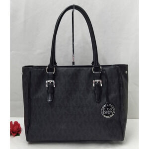 Michael Kors Black Leather MK Printed Double Handle Satchel Tote Bag